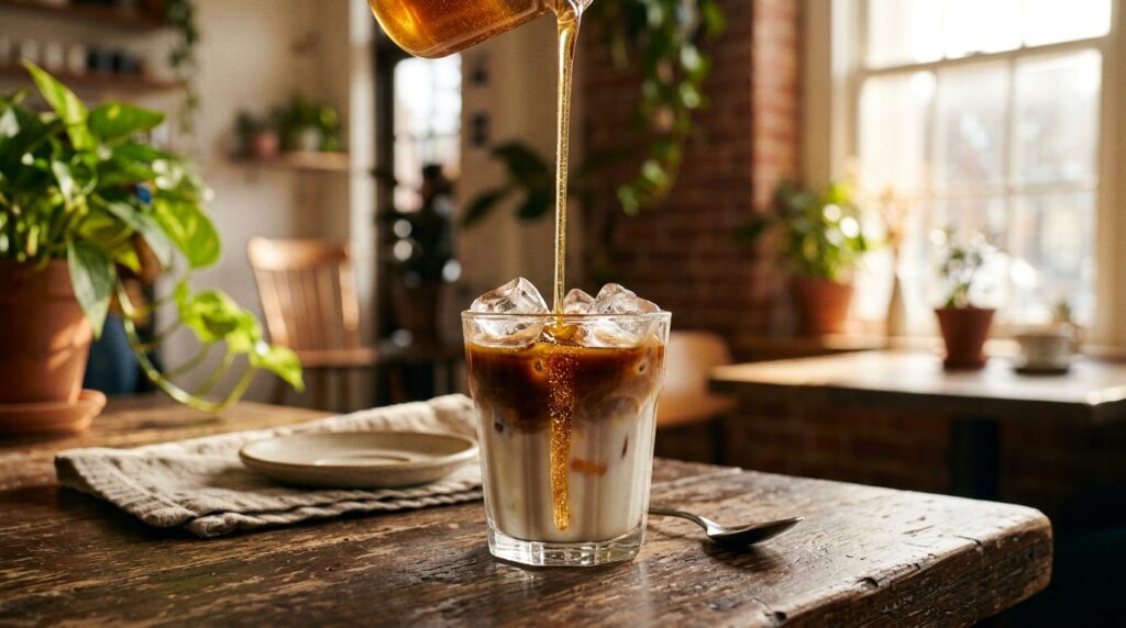 Adding vanilla simple syrup sweetener to iced cortado