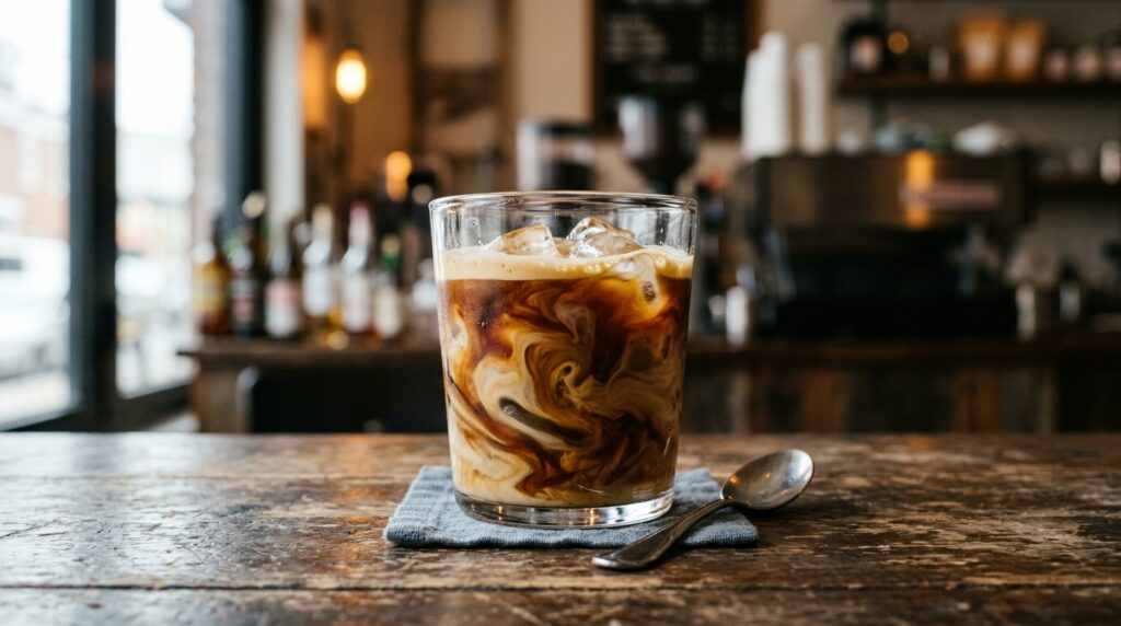 Swirling iced cortado to blend espresso and milk layers