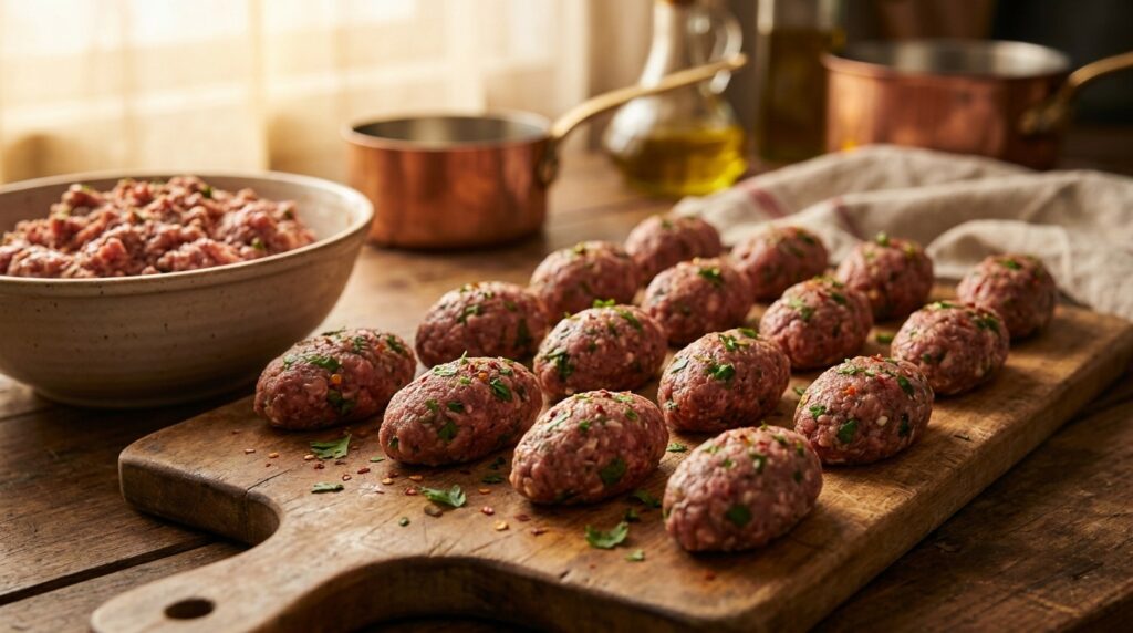 Spiced ground beef shaped into small oval meatballs on a wooden board