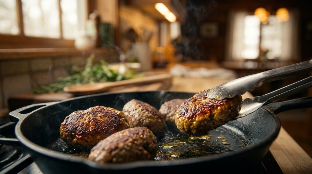 Kefta meatball subs: oval meatballs searing in a hot skillet until deeply golden