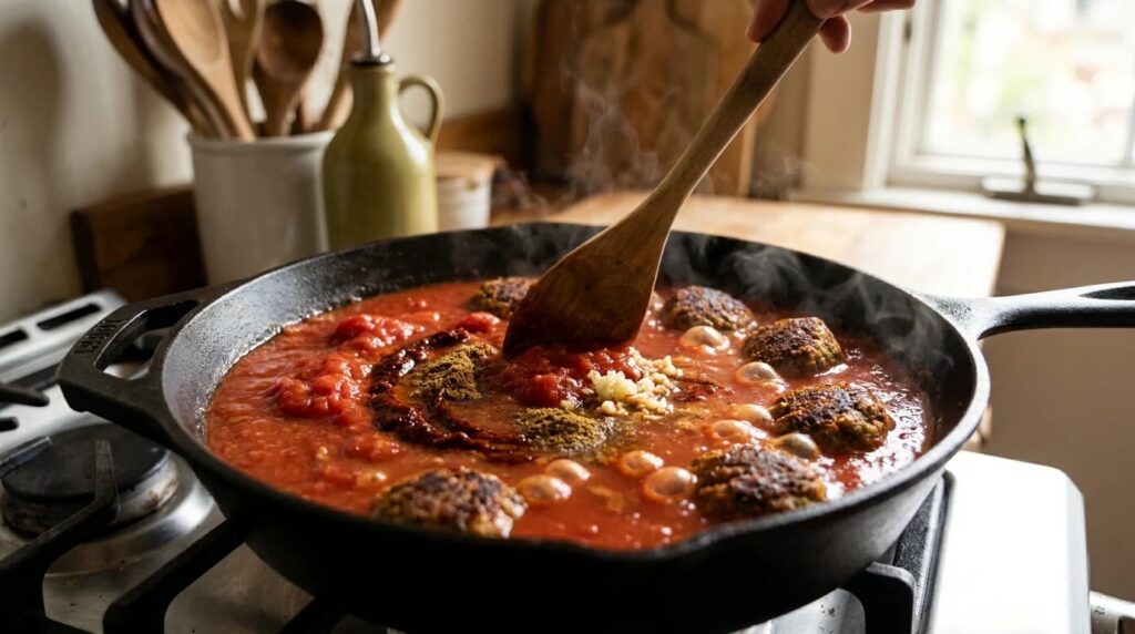 Kefta meatball subs: harissa, cumin and garlic stirred into crushed tomatoes to build the sauce