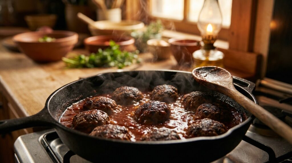 Kefta meatballs simmering in thick harissa tomato sauce