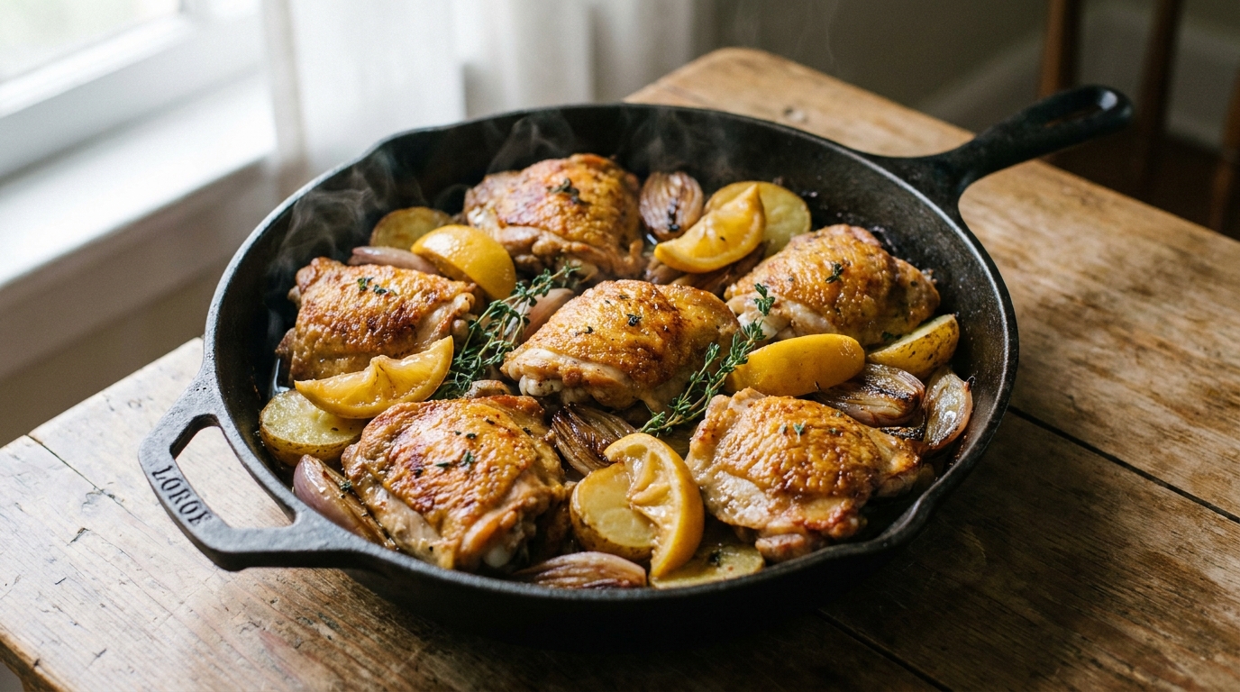 One-Pan Preserved Lemon Chicken Thighs — The 25-Minute Dinner That Tastes Like You Spent Hours