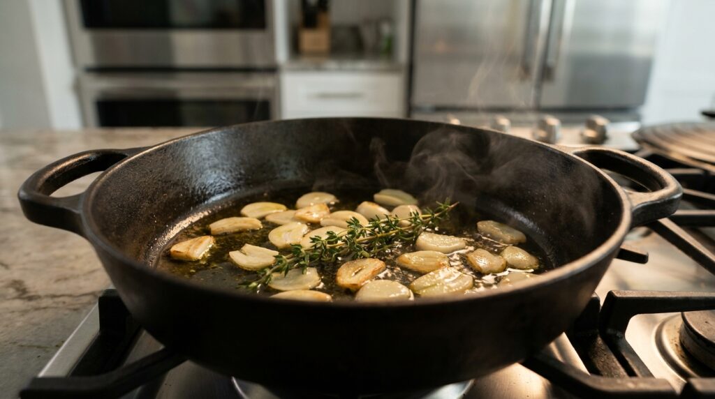 Sliced garlic blooming in olive oil in a heavy pot