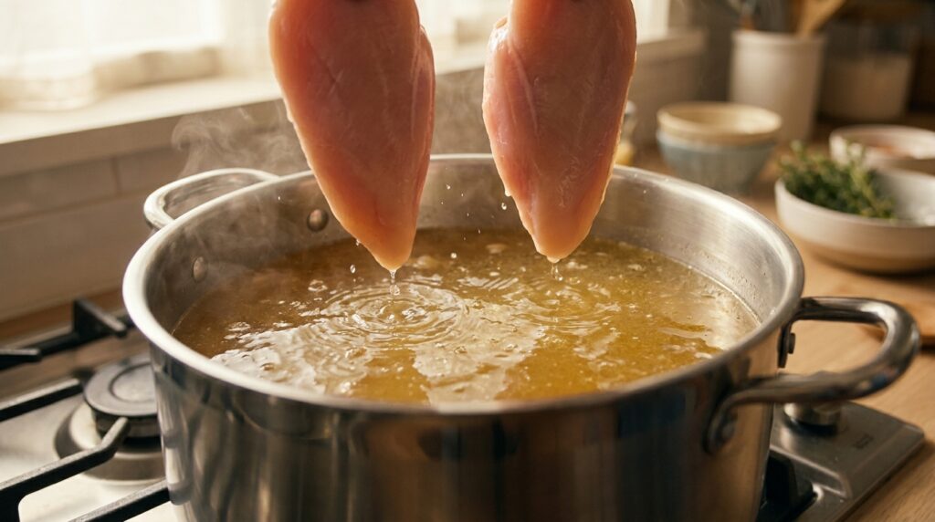 Raw chicken breasts being added to golden chicken broth
