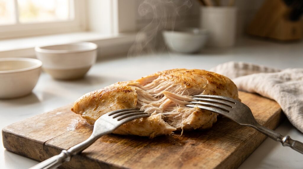 Cooked chicken breast shredded into tender strands