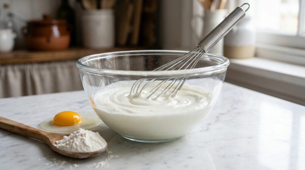 Yogurt egg yolk and flour whisked into a smooth liaison
