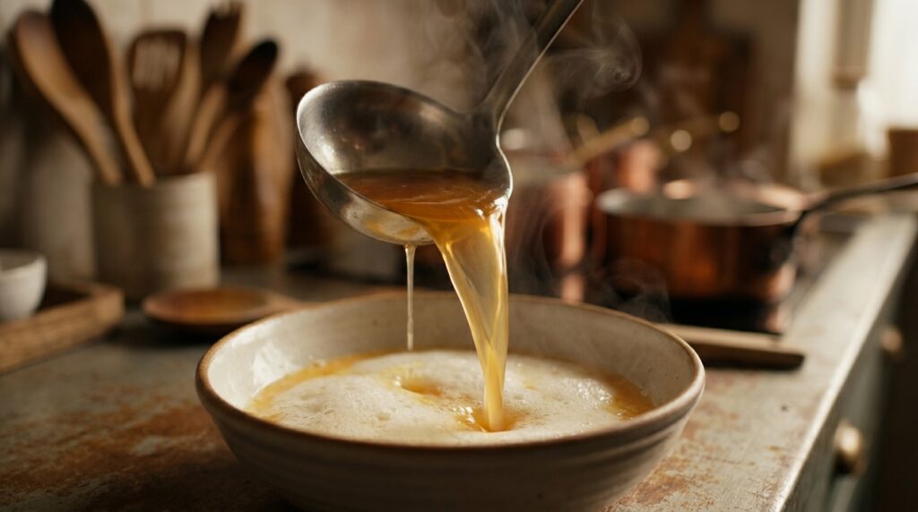Hot broth being tempered into whisked yogurt and egg