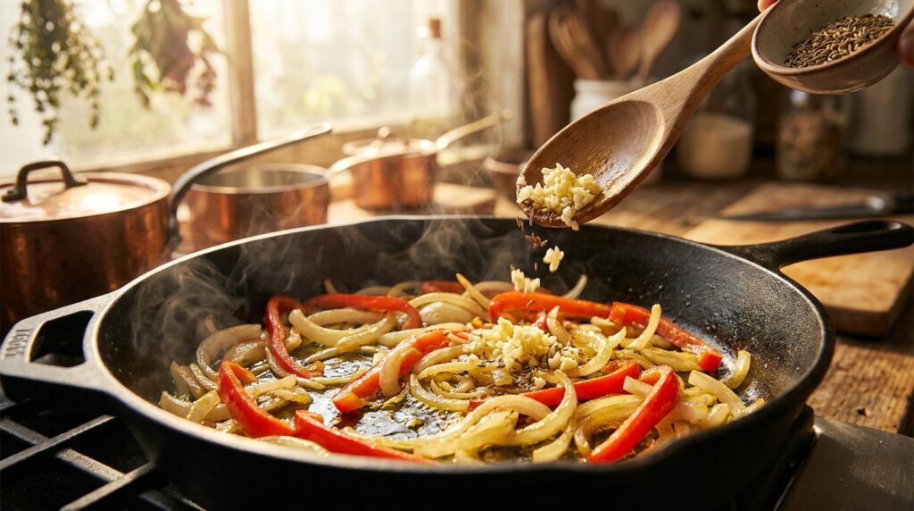 Onions and bell peppers softening in a skillet with cumin and paprika