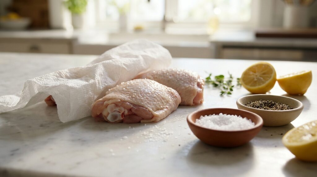 Seasoning bone-in chicken thighs with salt and pepper for one-pan preserved lemon chicken