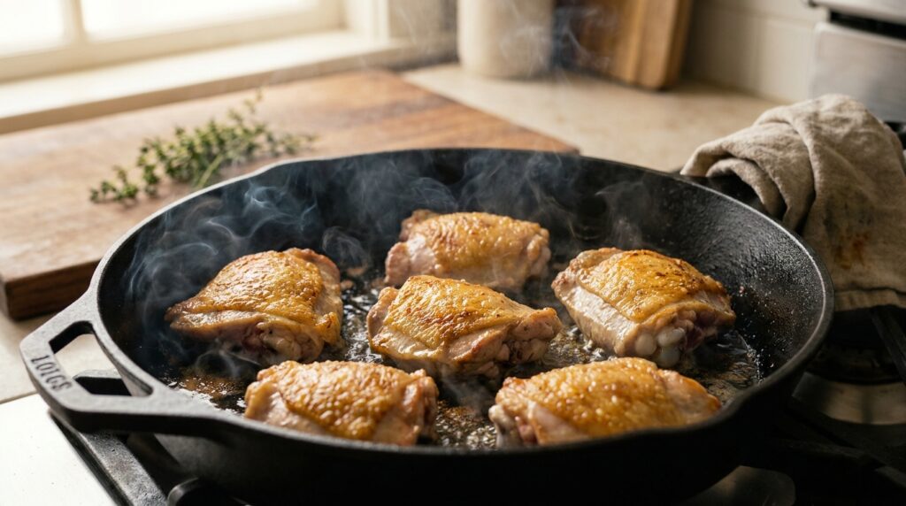 Searing chicken thighs skin-side down in a hot cast iron skillet
