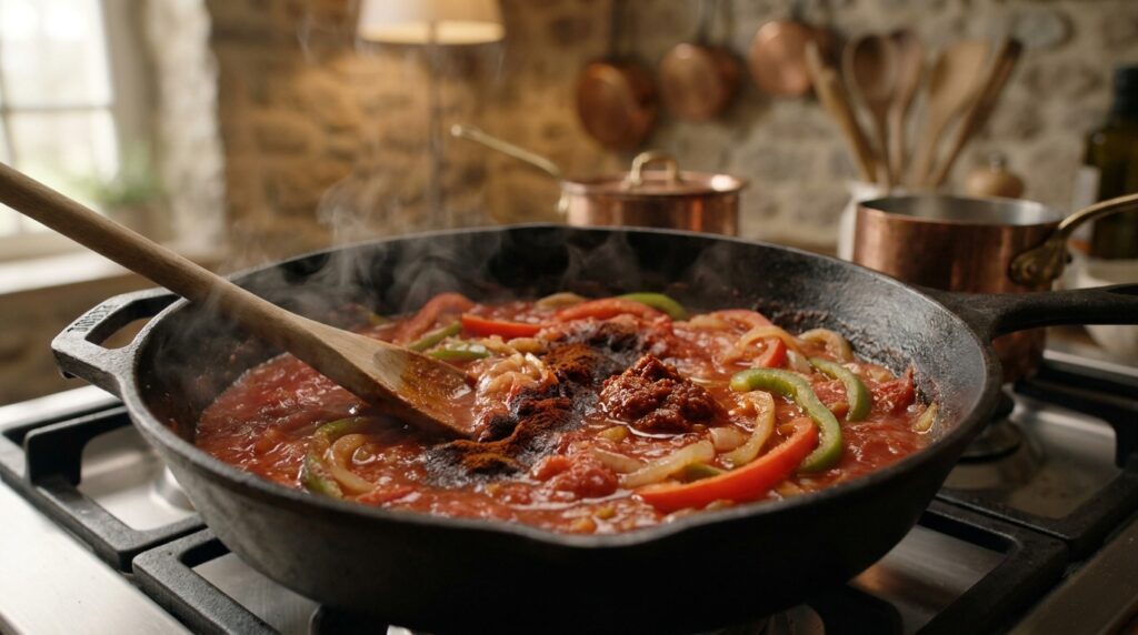 Crushed tomatoes and harissa simmering into spiced shakshuka sauce