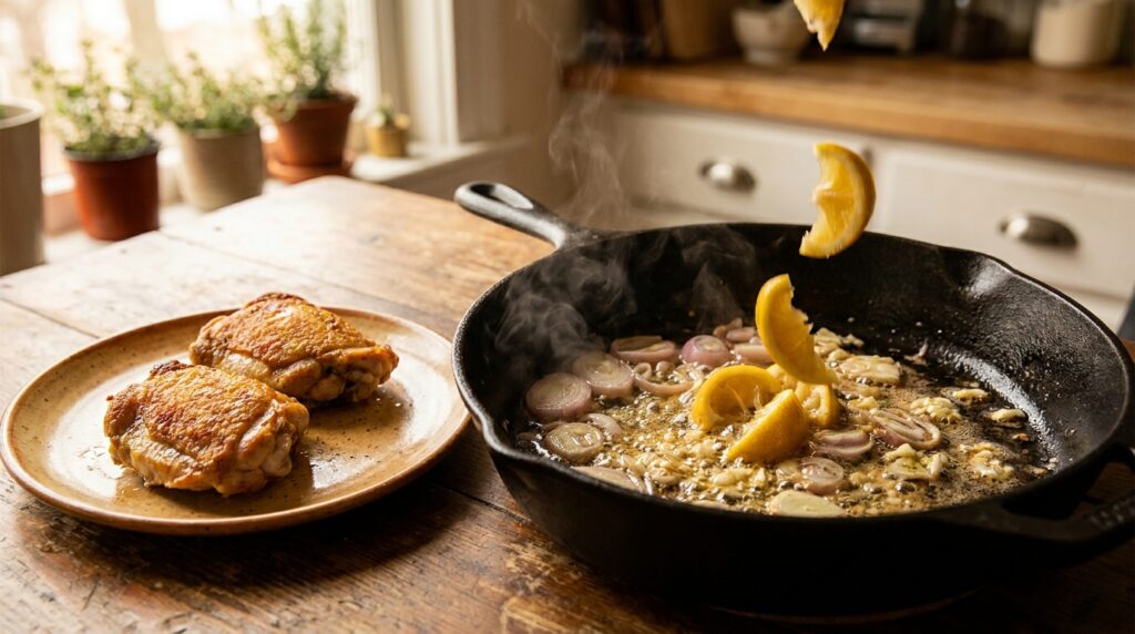 Shallots, garlic and preserved lemon sizzling in rendered chicken fat