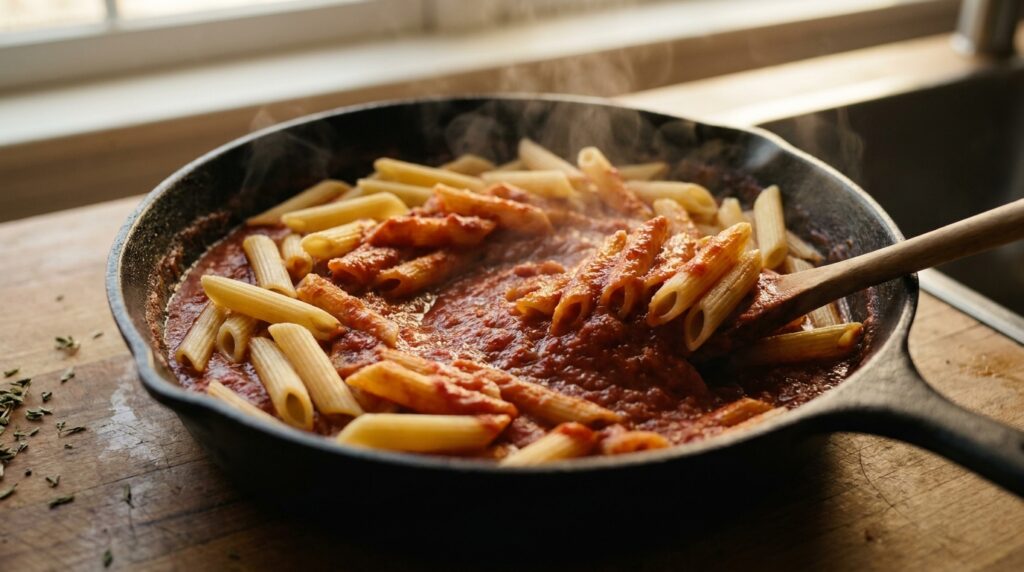 Dry pasta cooking directly in the spiced tomato sauce