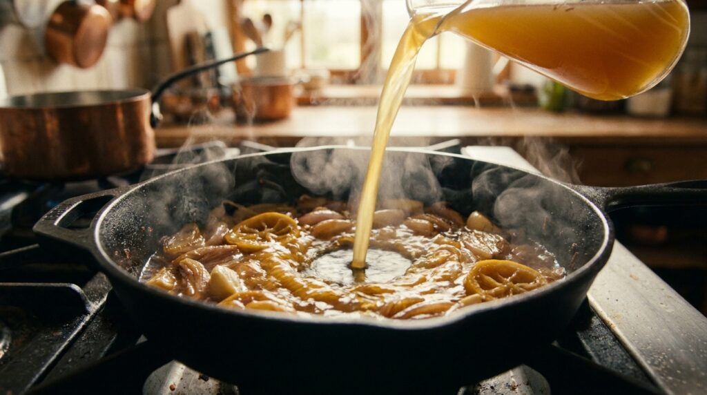 Deglazing the skillet with white wine and chicken broth