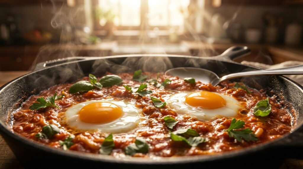 Eggs cracked into wells in the simmering shakshuka pasta