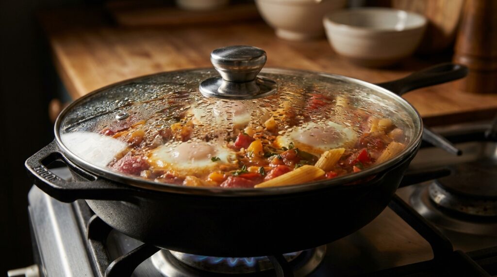 Covered skillet steaming the eggs until the whites are set