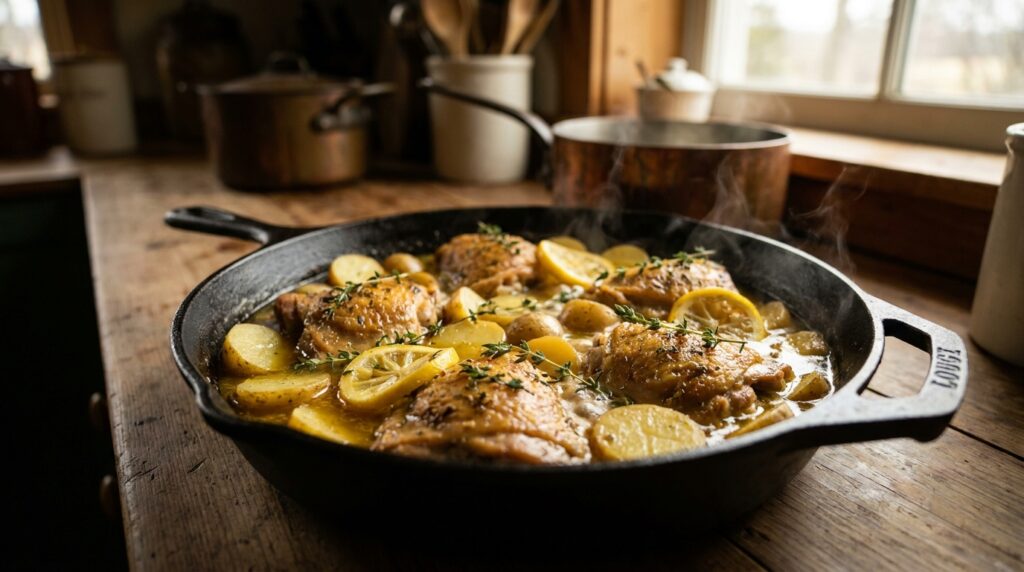 Baby potatoes and chicken thighs arranged in the skillet for roasting