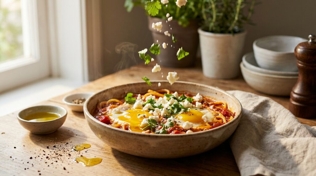 Feta, cilantro and parsley scattered over the finished shakshuka pasta
