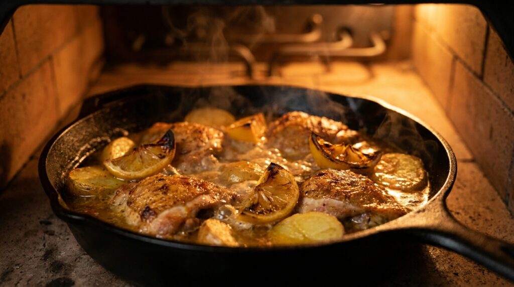 One-pan preserved lemon chicken thighs roasting in the oven