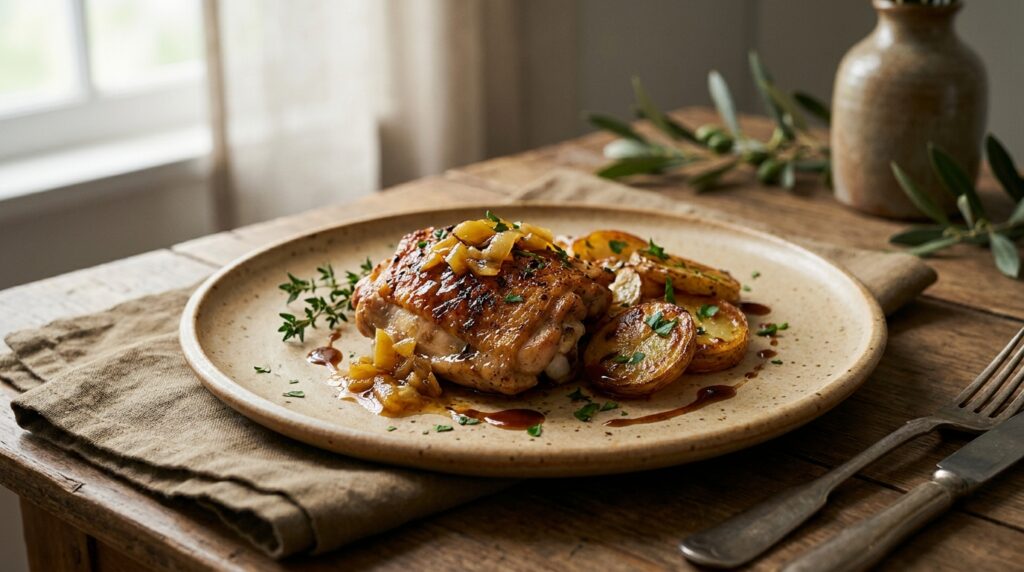 Plated one-pan preserved lemon chicken thighs with pan sauce and thyme