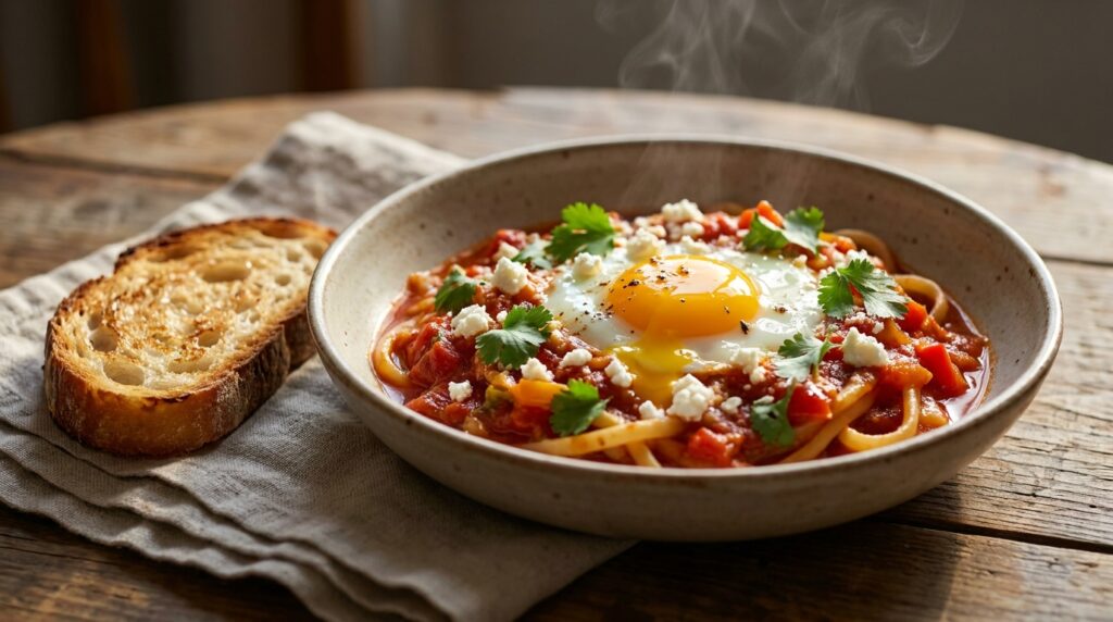 Shakshuka pasta served in a rustic bowl with crusty bread