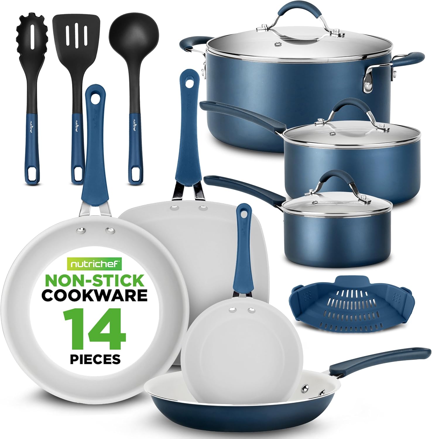 NutriChef 14-Piece Navy Blue Nonstick Cookware Set