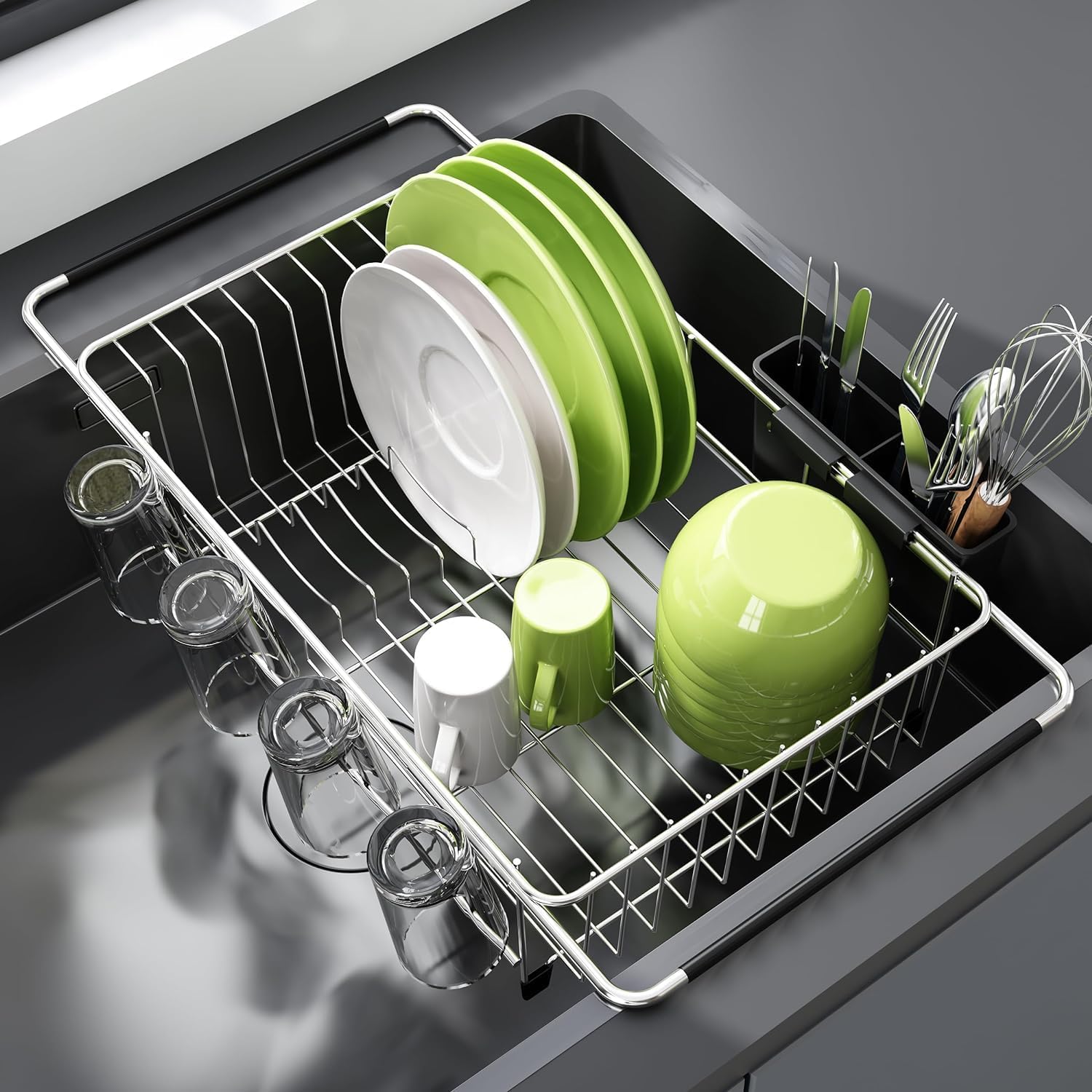 Amazon.com - JASIWAY Dish Drying Rack in Sink, Dish Drainer with Cup and Utensil Holder | Over The S