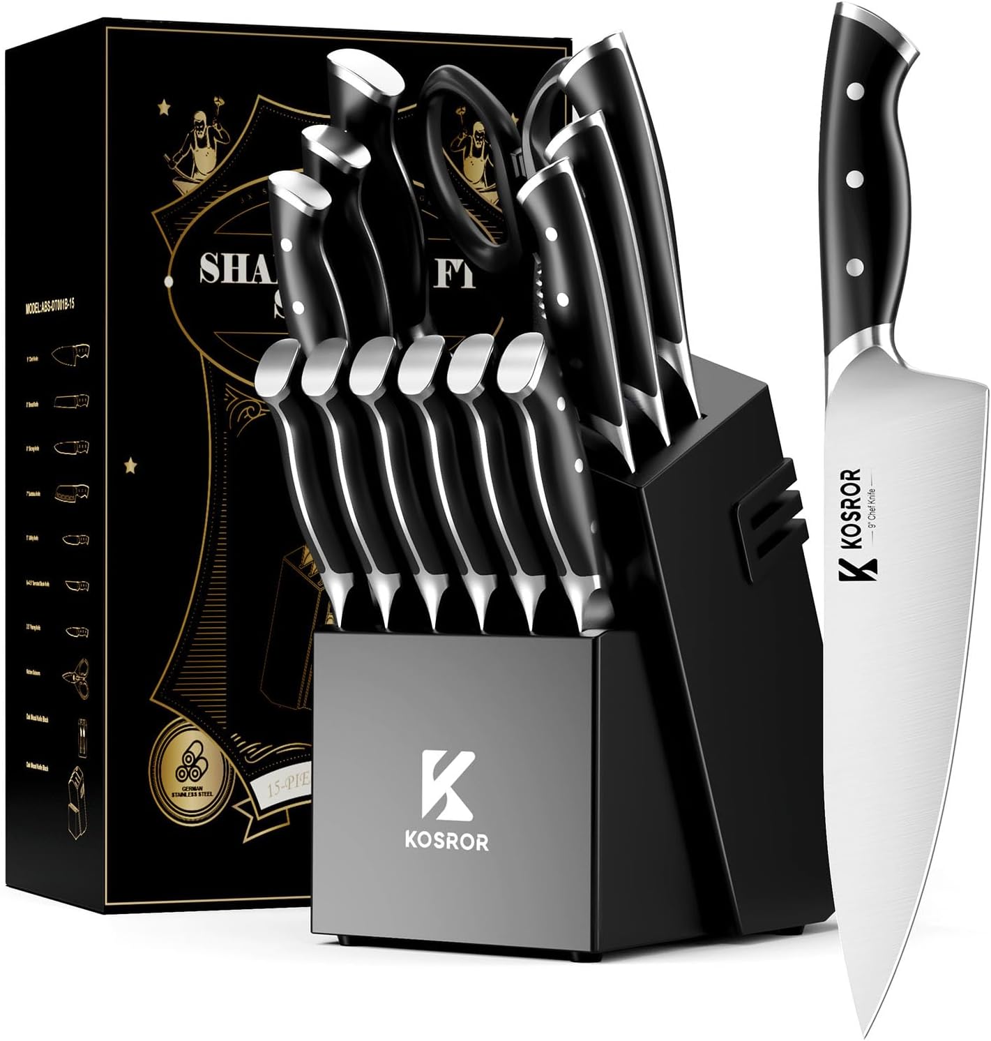 KOSROR Kitchen Knife Set with Block & Dual Sharpener 15pc German Steel