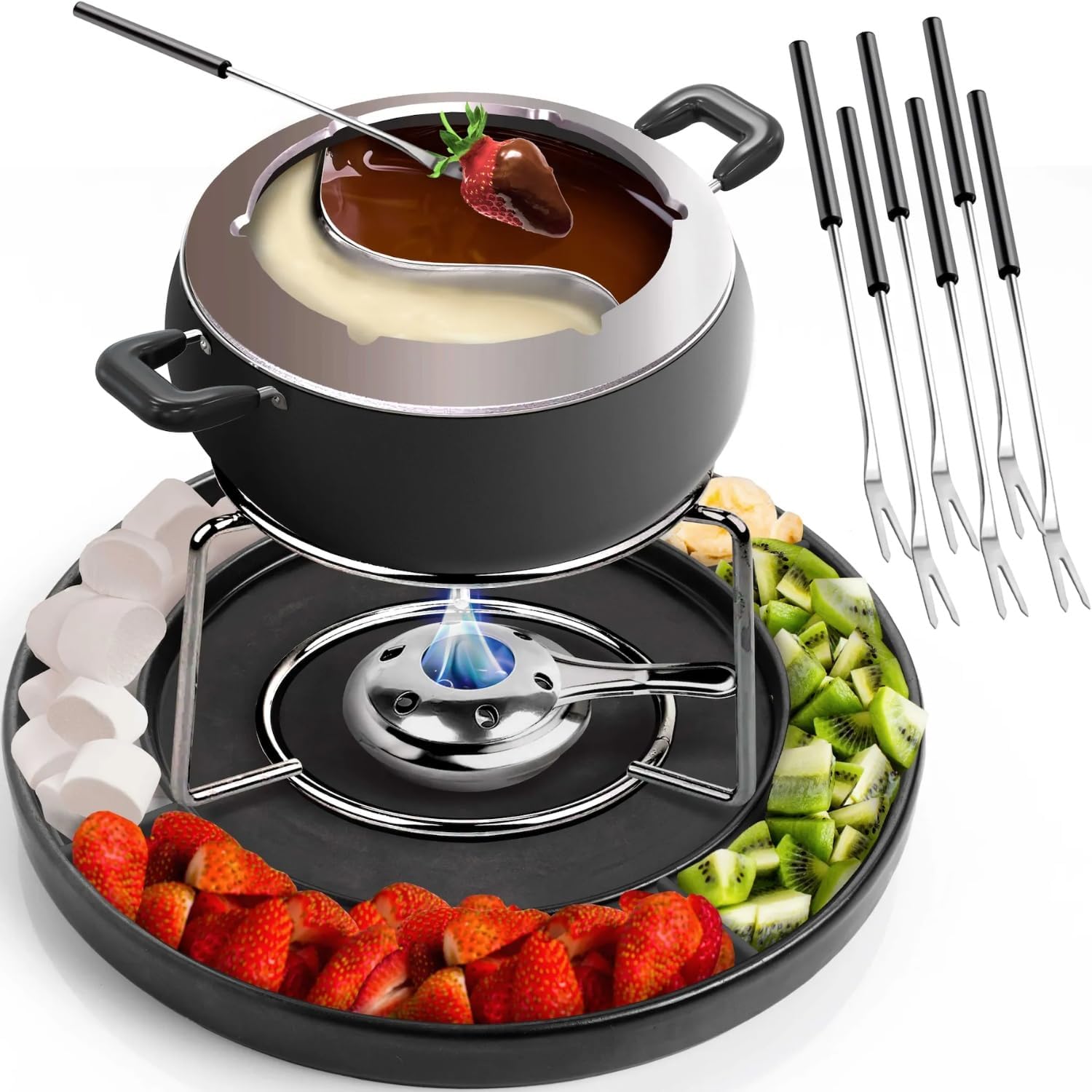 Fondue Pot Set - Premium 2.6 Quart Dual Cheese & Chocolate Fondue Pot Set | Fondue Pot with Divider