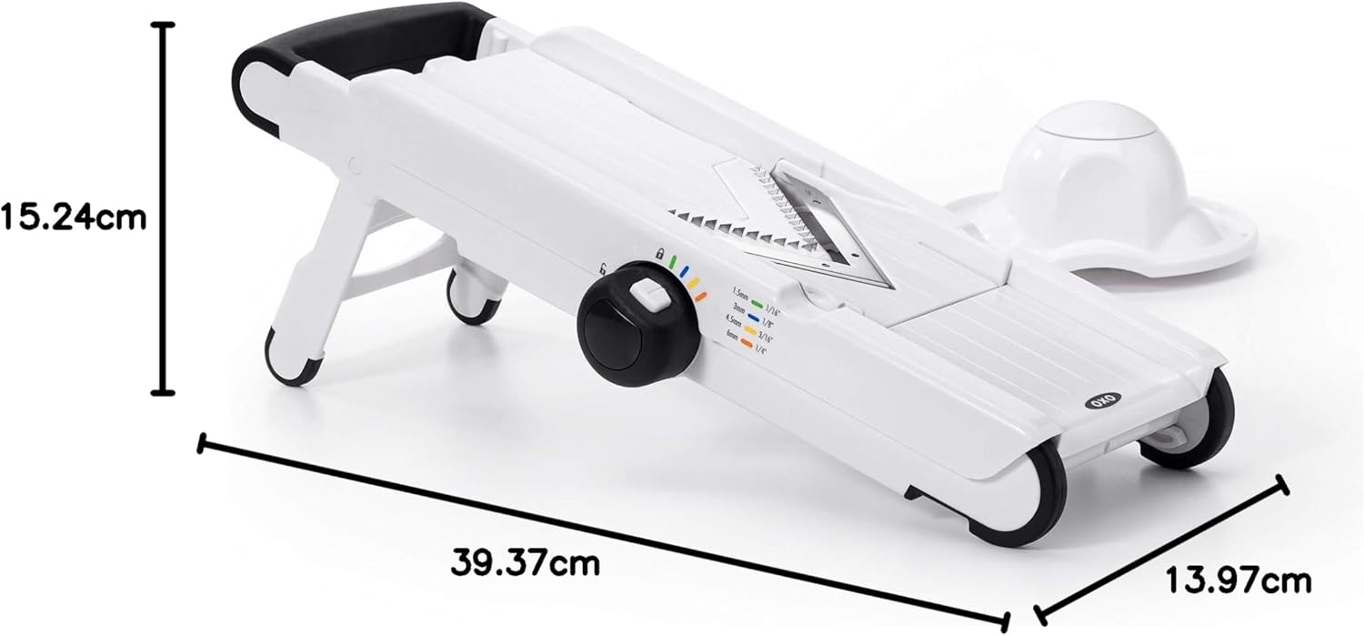 OXO Good Grips V-Blade Mandoline Slicer in action — our testing setup