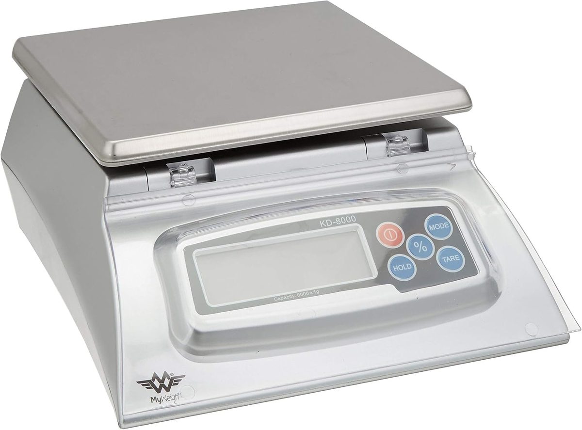  My Weigh KD-8000 Bakers Math Kitchen Scale in action — our testing setup